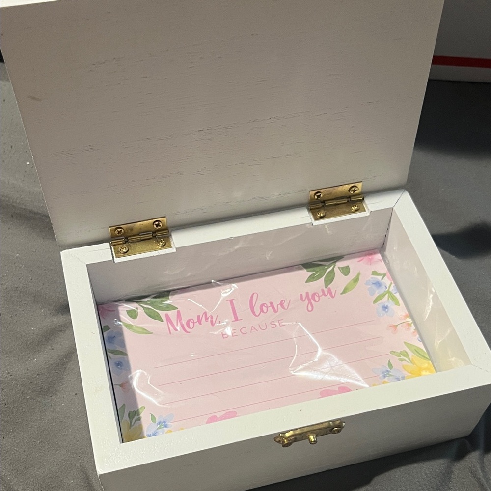 White Wooden Box with Pink Floral Notepad for Mom.